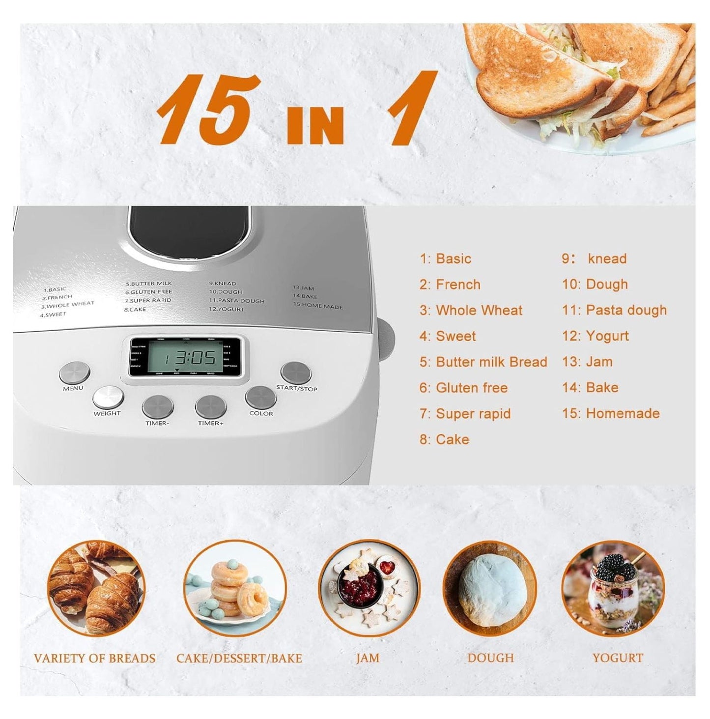 Bread Maker Machine 3LB with 2 Dough Kneading Paddle Dough Maker,15-in-1 Automatic Bread Machine Maker,3 Loaf Sizes and 3 crust settings,15-H Delay Timer,850W,Silver,3.3LB