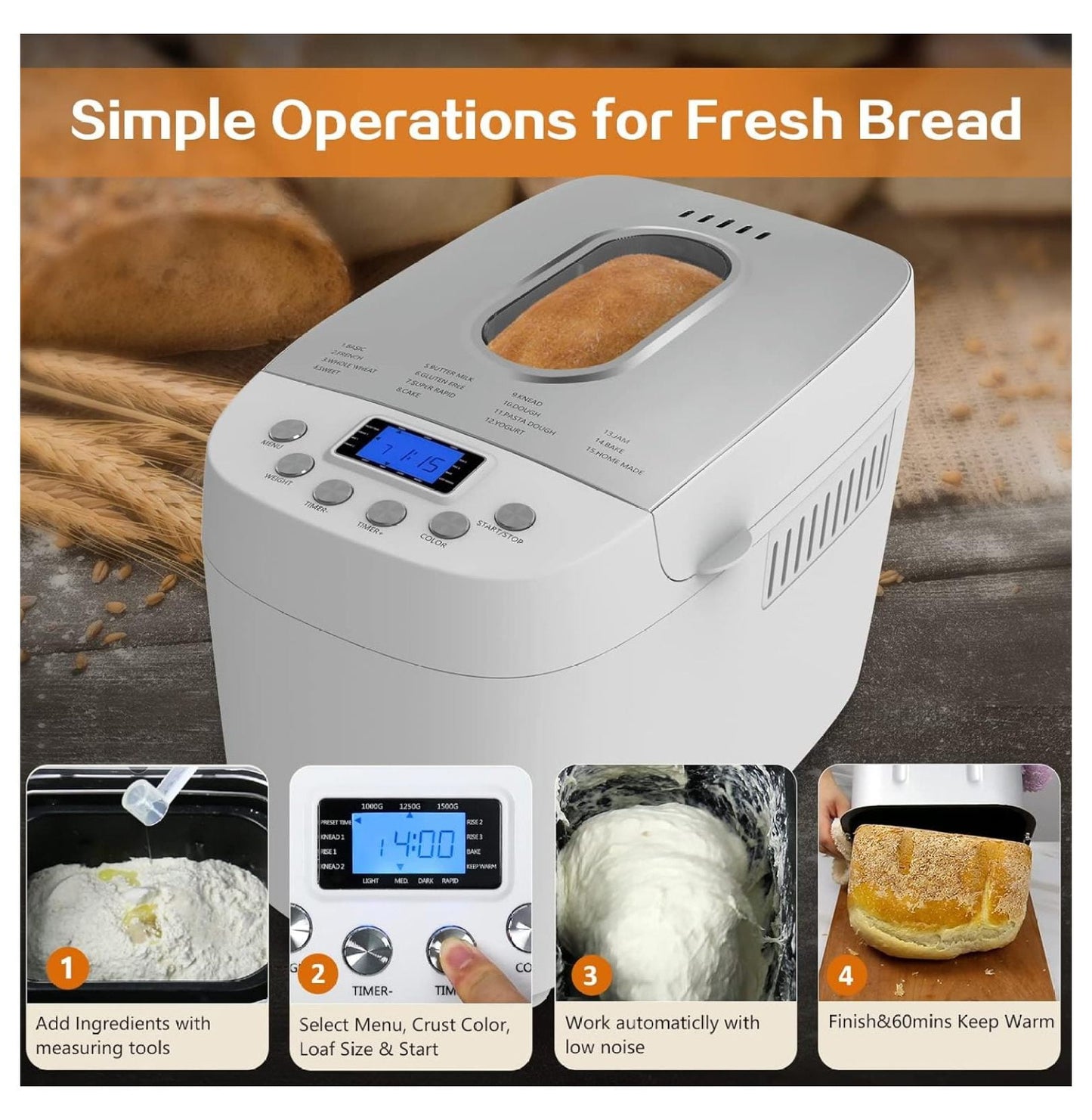 Bread Maker Machine 3LB with 2 Dough Kneading Paddle Dough Maker,15-in-1 Automatic Bread Machine Maker,3 Loaf Sizes and 3 crust settings,15-H Delay Timer,850W,Silver,3.3LB