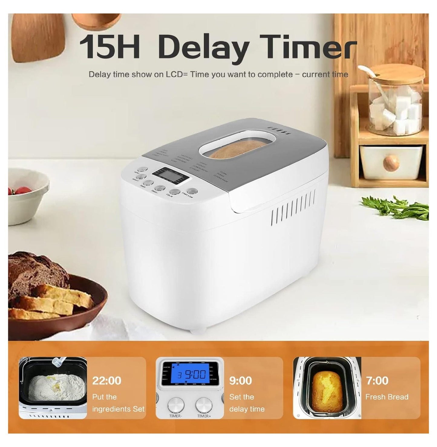 Bread Maker Machine 3LB with 2 Dough Kneading Paddle Dough Maker,15-in-1 Automatic Bread Machine Maker,3 Loaf Sizes and 3 crust settings,15-H Delay Timer,850W,Silver,3.3LB